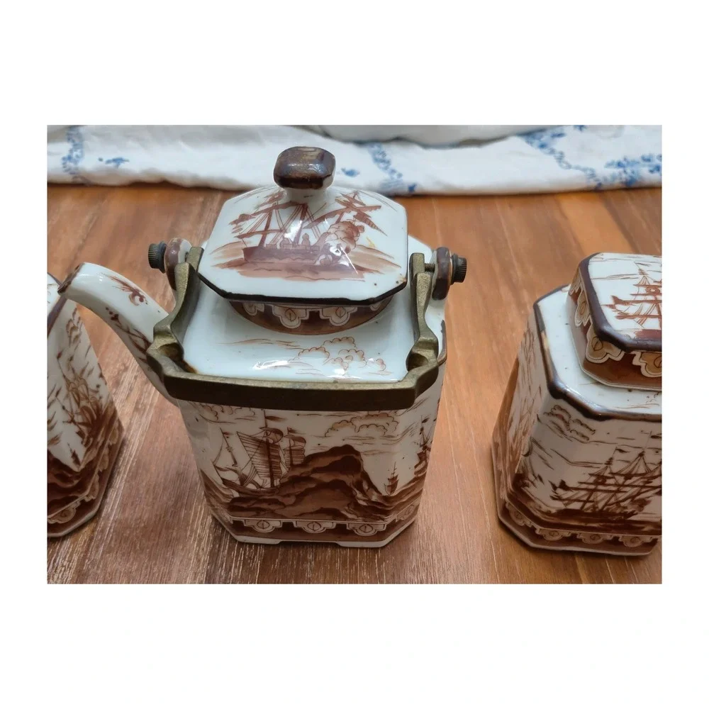 Japan Tea Set Vintage 40s 50s White Brown Nautical Ship Tea Caddies Teapot